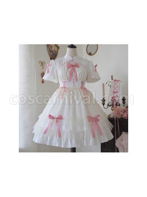Bow-Print-Graphic-Decoration-Small-Shawl-Chinese-Style-Buckle-Design-Pleated-Fluffy-Lace-Hem-Classic-Lolita-Short-Sleeve-Dress-coscarnival-1440