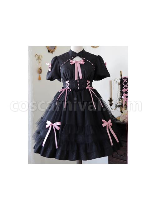 Bow-Print-Graphic-Decoration-Small-Shawl-Chinese-Style-Buckle-Design-Pleated-Fluffy-Lace-Hem-Classic-Lolita-Short-Sleeve-Dress-coscarnival-1488