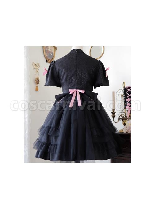 Bow-Print-Graphic-Decoration-Small-Shawl-Chinese-Style-Buckle-Design-Pleated-Fluffy-Lace-Hem-Classic-Lolita-Short-Sleeve-Dress-coscarnival-1495