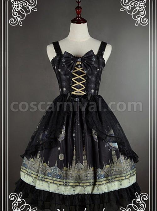 Bowknot Decorated Neckline Wide  Straps Lolita JSK / Jumper Skirt with Tulle Overlay - Arabian Nights by Souffle Song coscarnival