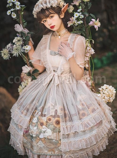 Bunny-Sunflower-Print-Bow-Knot-Waist-Frenulum-Polka-Dot-Ruffle-Smock-Classic-Lolita-Sleeveless-Dress-coscarnival-1394