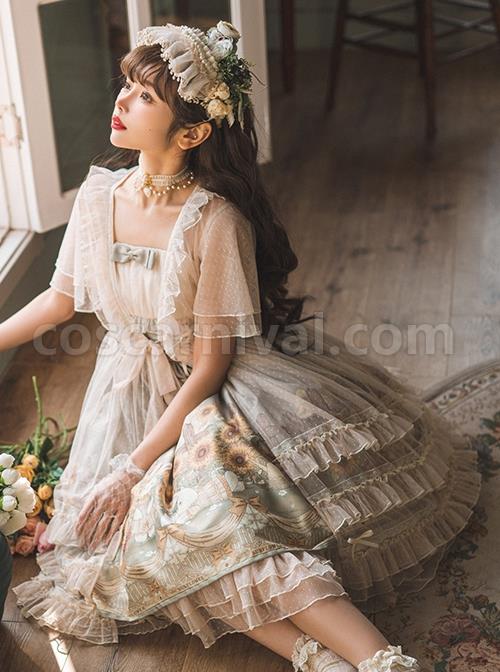 Bunny-Sunflower-Print-Bow-Knot-Waist-Frenulum-Polka-Dot-Ruffle-Smock-Classic-Lolita-Sleeveless-Dress-coscarnival-1407