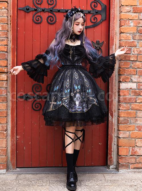 Butterfly Music Series OP Vintage Chiffon Pleated Lace Skull Butterfly Print Ruffled Pleated Puff Sleeves Dark Gothic Lolita Dress Set coscarnival