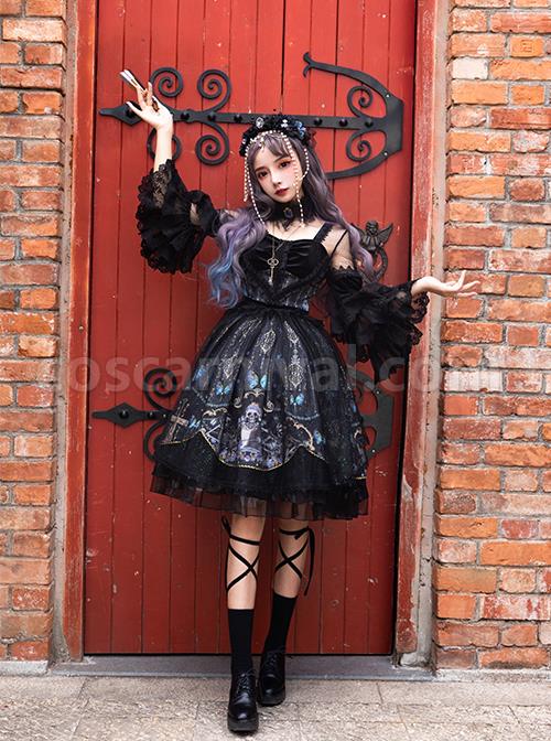 Butterfly Music Series OP Vintage Chiffon Pleated Lace Skull Butterfly Print Ruffled Pleated Puff Sleeves Dark Gothic Lolita Dress Set coscarnival