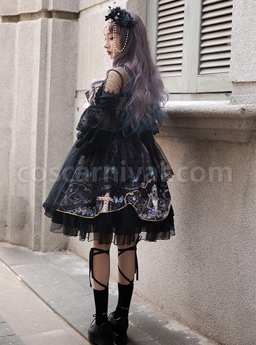 Butterfly Music Series OP Vintage Chiffon Pleated Lace Skull Butterfly Print Ruffled Pleated Puff Sleeves Dark Gothic Lolita Dress Set coscarnival