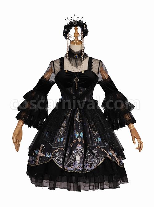 Butterfly Music Series OP Vintage Chiffon Pleated Lace Skull Butterfly Print Ruffled Pleated Puff Sleeves Dark Gothic Lolita Dress Set coscarnival