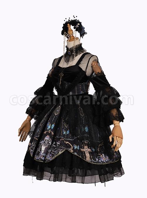 Butterfly Music Series OP Vintage Chiffon Pleated Lace Skull Butterfly Print Ruffled Pleated Puff Sleeves Dark Gothic Lolita Dress Set coscarnival