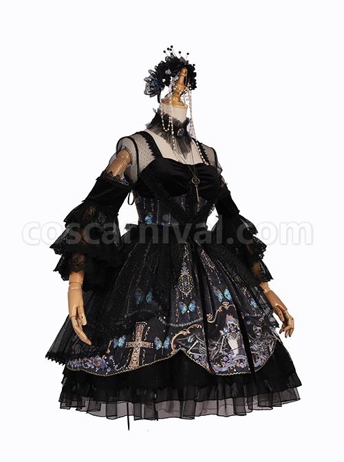 Butterfly Music Series OP Vintage Chiffon Pleated Lace Skull Butterfly Print Ruffled Pleated Puff Sleeves Dark Gothic Lolita Dress Set coscarnival