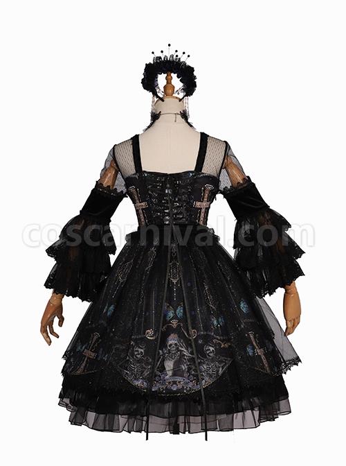 Butterfly Music Series OP Vintage Chiffon Pleated Lace Skull Butterfly Print Ruffled Pleated Puff Sleeves Dark Gothic Lolita Dress Set coscarnival