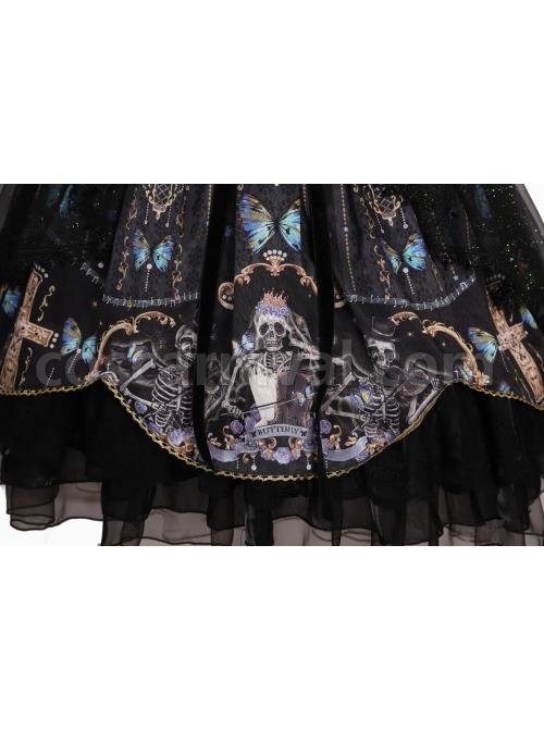 Butterfly Music Series OP Vintage Chiffon Pleated Lace Skull Butterfly Print Ruffled Pleated Puff Sleeves Dark Gothic Lolita Dress Set coscarnival
