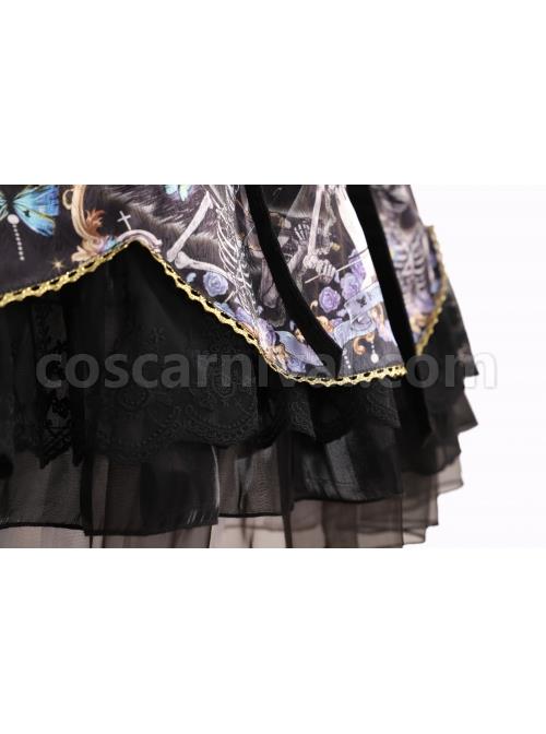 Butterfly Music Series OP Vintage Chiffon Pleated Lace Skull Butterfly Print Ruffled Pleated Puff Sleeves Dark Gothic Lolita Dress Set coscarnival