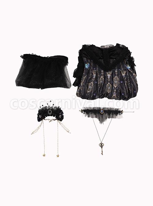 Butterfly Music Series OP Vintage Chiffon Pleated Lace Skull Butterfly Print Ruffled Pleated Puff Sleeves Dark Gothic Lolita Dress Set coscarnival