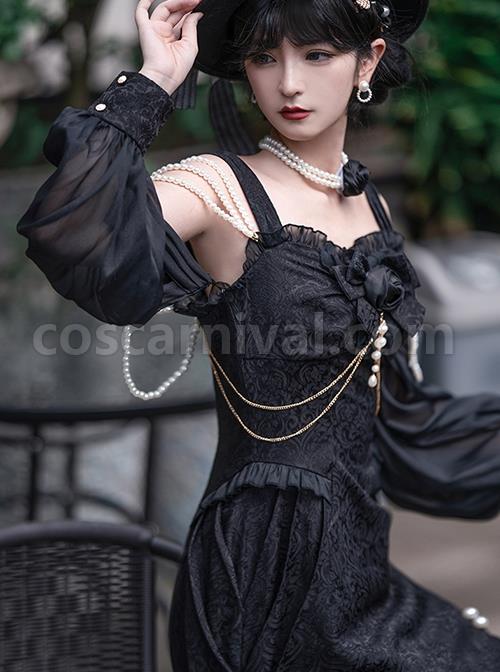Camellia Series Elegant Black Rose Flower Bow Bead Chain Decoration Irregular Fishtail Hem Gothic Lolita Dress coscarnival