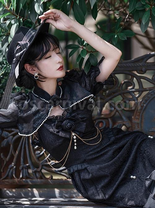 Camellia Series Elegant Black Rose Flower Bow Bead Chain Decoration Irregular Fishtail Hem Gothic Lolita Dress coscarnival