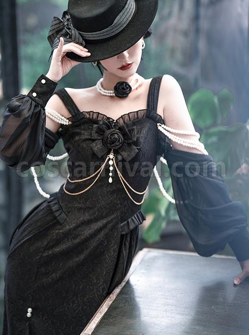 Camellia Series Elegant Black Rose Flower Bow Bead Chain Decoration Irregular Fishtail Hem Gothic Lolita Dress coscarnival