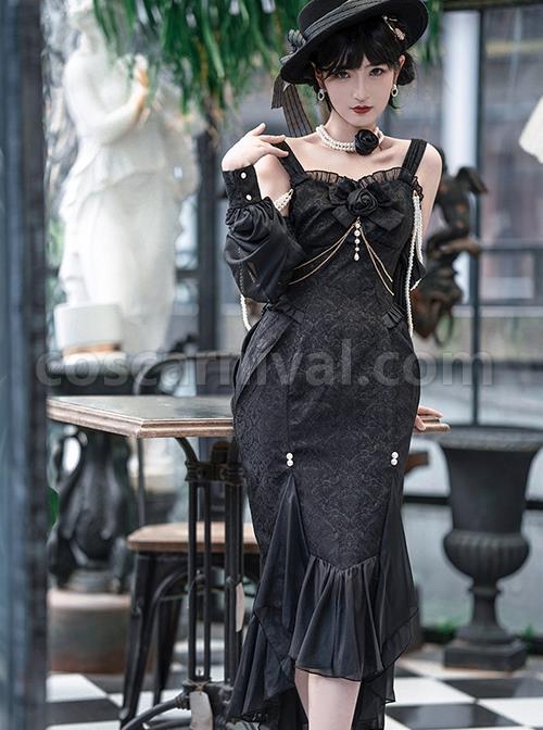 Camellia Series Elegant Black Rose Flower Bow Bead Chain Decoration Irregular Fishtail Hem Gothic Lolita Dress coscarnival