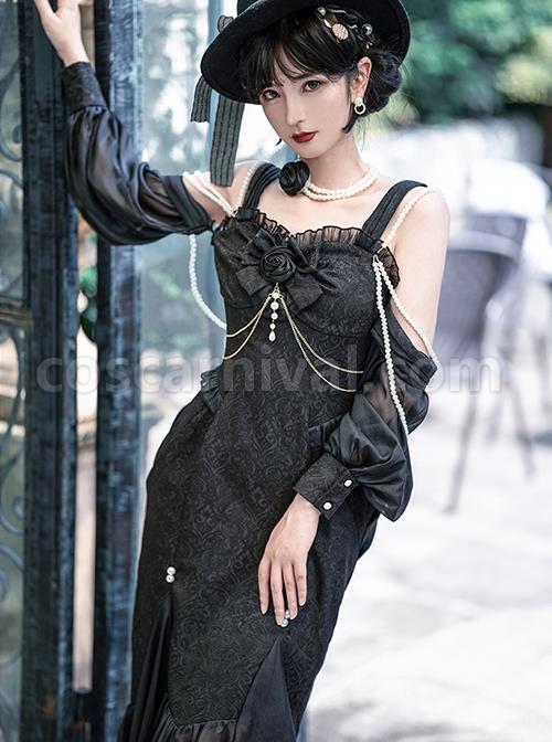 Camellia Series Elegant Black Rose Flower Bow Bead Chain Decoration Irregular Fishtail Hem Gothic Lolita Dress coscarnival