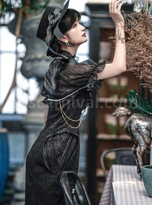 Camellia Series Elegant Black Rose Flower Bow Bead Chain Decoration Irregular Fishtail Hem Gothic Lolita Dress coscarnival