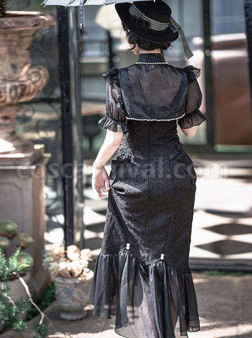 Camellia Series Elegant Black Rose Flower Bow Bead Chain Decoration Irregular Fishtail Hem Gothic Lolita Dress coscarnival