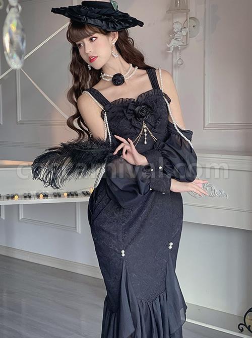 Camellia Series Elegant Black Rose Flower Bow Bead Chain Decoration Irregular Fishtail Hem Gothic Lolita Dress coscarnival