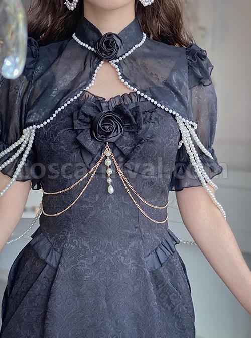 Camellia Series Elegant Black Rose Flower Bow Bead Chain Decoration Irregular Fishtail Hem Gothic Lolita Dress coscarnival