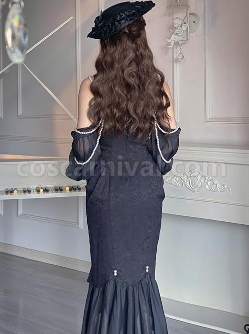 Camellia Series Elegant Black Rose Flower Bow Bead Chain Decoration Irregular Fishtail Hem Gothic Lolita Dress coscarnival