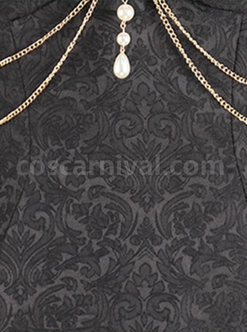 Camellia Series Elegant Black Rose Flower Bow Bead Chain Decoration Irregular Fishtail Hem Gothic Lolita Dress coscarnival