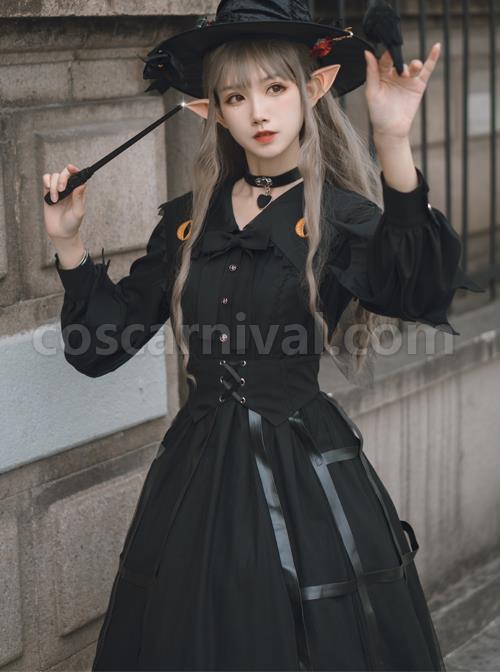 Cat-eye Series OP Black Halloween Darkness Retro Irregular Hem Gothic Lolita Long Sleeve Dress coscarnival