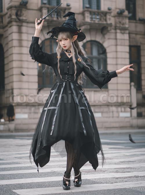 Cat-eye Series OP Black Halloween Darkness Retro Irregular Hem Gothic Lolita Long Sleeve Dress coscarnival