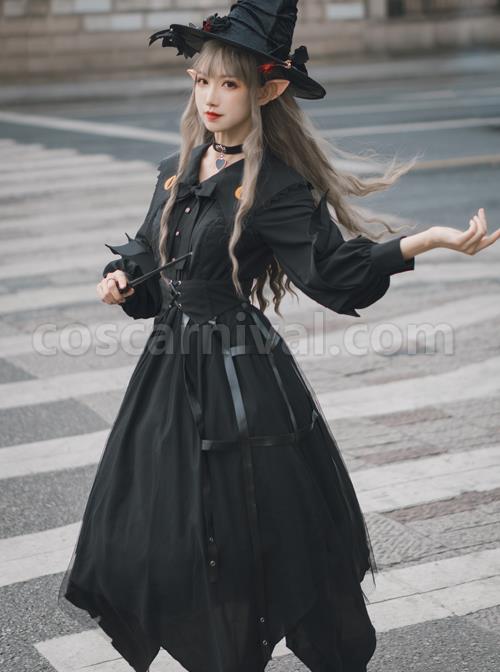Cat-eye Series OP Black Halloween Darkness Retro Irregular Hem Gothic Lolita Long Sleeve Dress coscarnival