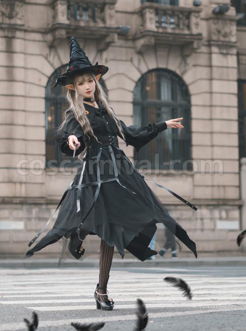 Cat-eye Series OP Black Halloween Darkness Retro Irregular Hem Gothic Lolita Long Sleeve Dress coscarnival