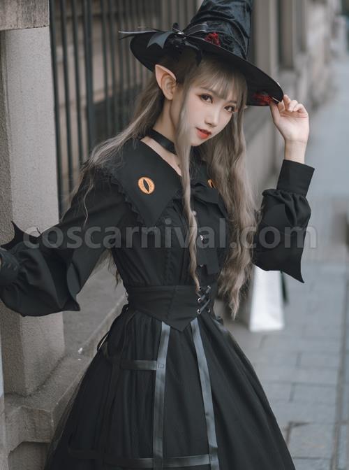 Cat-eye Series OP Black Halloween Darkness Retro Irregular Hem Gothic Lolita Long Sleeve Dress coscarnival