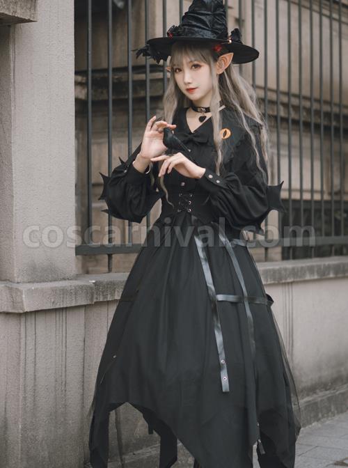 Cat-eye Series OP Black Halloween Darkness Retro Irregular Hem Gothic Lolita Long Sleeve Dress coscarnival