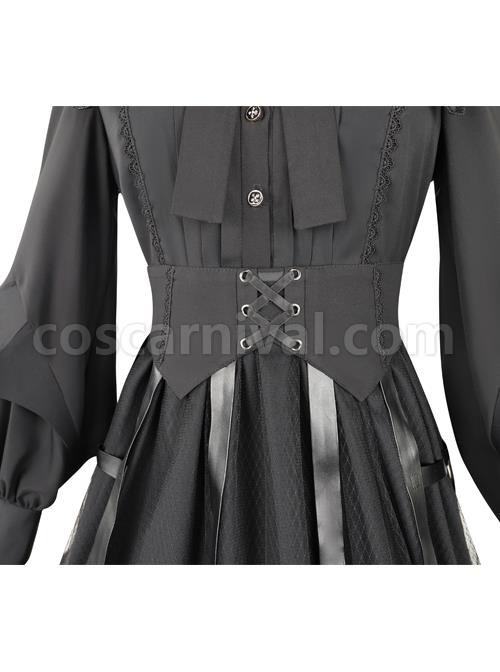 Cat-eye Series OP Black Halloween Darkness Retro Irregular Hem Gothic Lolita Long Sleeve Dress coscarnival
