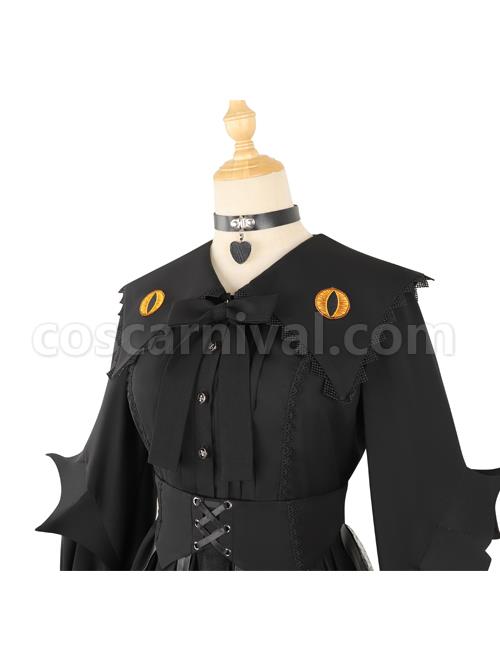 Cat-eye Series OP Black Halloween Darkness Retro Irregular Hem Gothic Lolita Long Sleeve Dress coscarnival