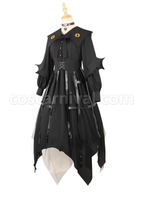 Cat-eye Series OP Black Halloween Darkness Retro Irregular Hem Gothic Lolita Long Sleeve Dress coscarnival