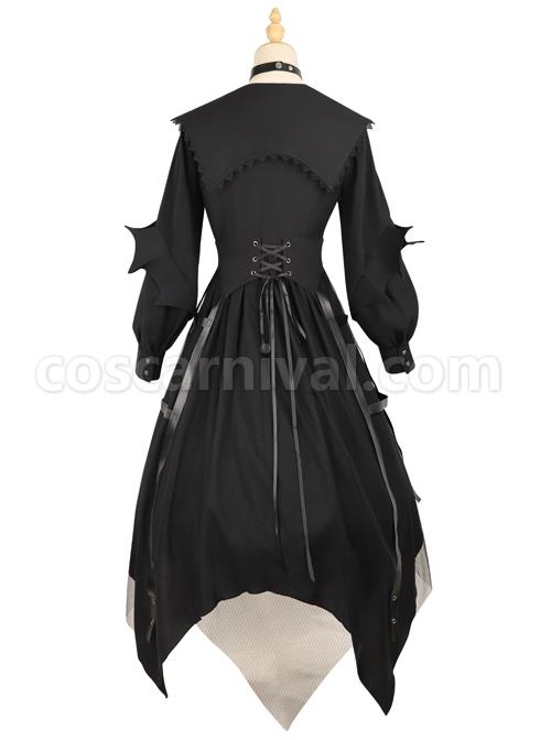 Cat-eye Series OP Black Halloween Darkness Retro Irregular Hem Gothic Lolita Long Sleeve Dress coscarnival