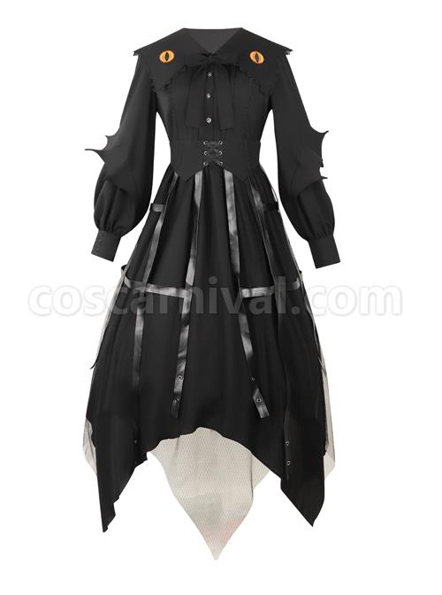 Cat-eye Series OP Black Halloween Darkness Retro Irregular Hem Gothic Lolita Long Sleeve Dress coscarnival