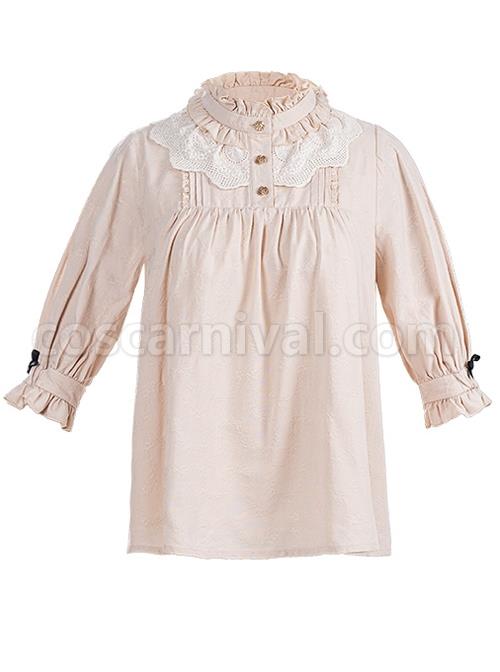 Catch Stars Series Cotton Jacquard Embroidery Folds Petal Neckline Rose Button Decoration Classic Lolita Short Sleeve Shirt coscarnival