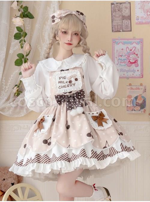 Cherry-Milk-Pie-Series-JSK-Cute-Polka-Dot-Pattern-Brown-Element-Bow-Tie-Pleated-Lace-Classic-Lolita-Sling-Dress-coscarnival-1381