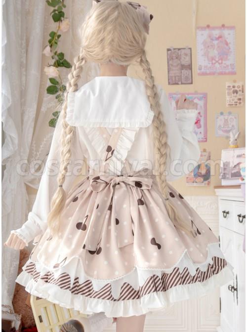 Cherry-Milk-Pie-Series-JSK-Cute-Polka-Dot-Pattern-Brown-Element-Bow-Tie-Pleated-Lace-Classic-Lolita-Sling-Dress-coscarnival-1391