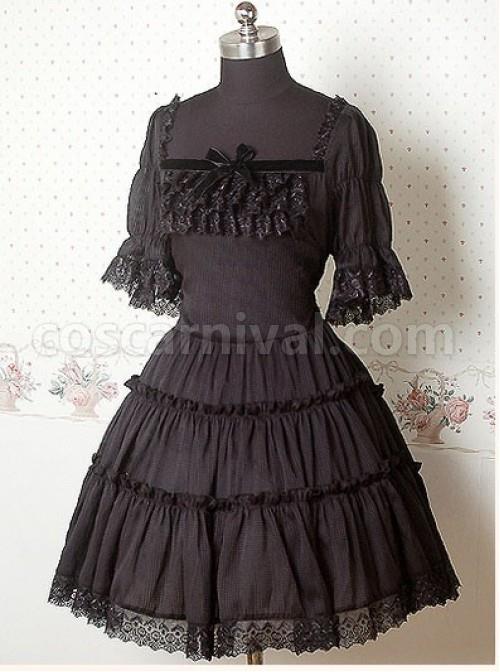 Chiffon Black Puff Sleeves Bow Ruffle Lolita Dress coscarnival