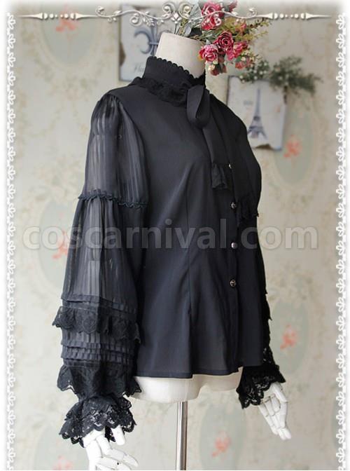 Chiffon Black Transparent Glass Striped Stand Collar Bow-tie Lolita Long Sleeve Shirt coscarnival