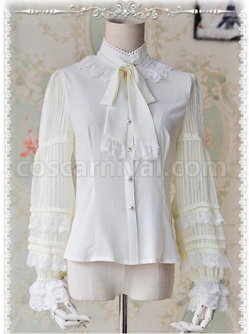Chiffon Creamy-white Transparent Glass Striped Stand Collar Bow-tie Lolita Long Sleeve Shirt coscarnival