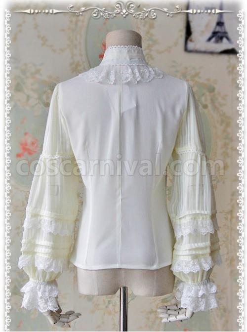 Chiffon Creamy-white Transparent Glass Striped Stand Collar Bow-tie Lolita Long Sleeve Shirt coscarnival