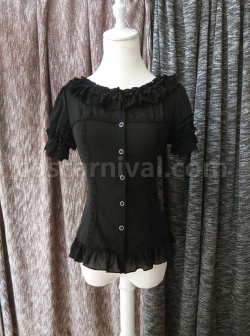 Chiffon Lace Ruffle Round Collar Slim Lolita Shirt coscarnival