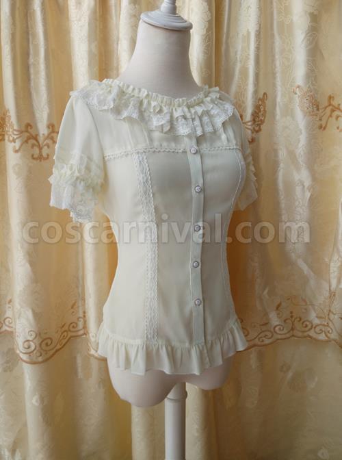 Chiffon Lace Ruffle Round Collar Slim Lolita Shirt coscarnival