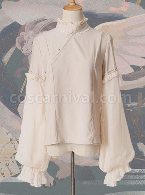 Chinese Style Beige Stand Collar Classic Lolita Long Sleeve Shirt coscarnival