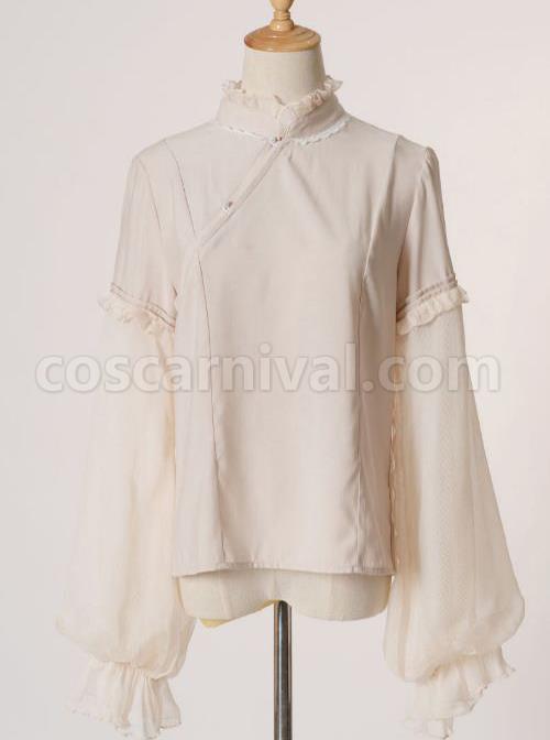 Chinese Style Beige Stand Collar Classic Lolita Long Sleeve Shirt coscarnival
