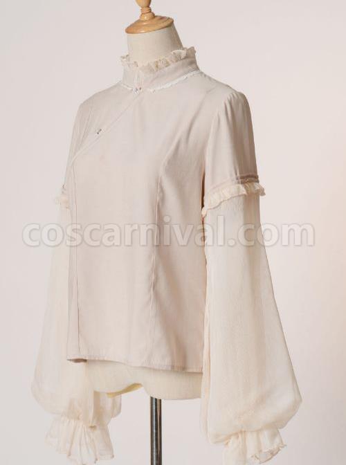 Chinese Style Beige Stand Collar Classic Lolita Long Sleeve Shirt coscarnival